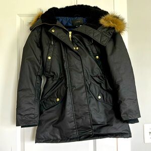 NWOT J. Crew Black Perfect Parka Jacket w/hood & detachable faux fur trim SZ: M